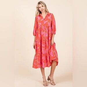 Mittoshop Tiered Printed Collared Neck Midi Dress